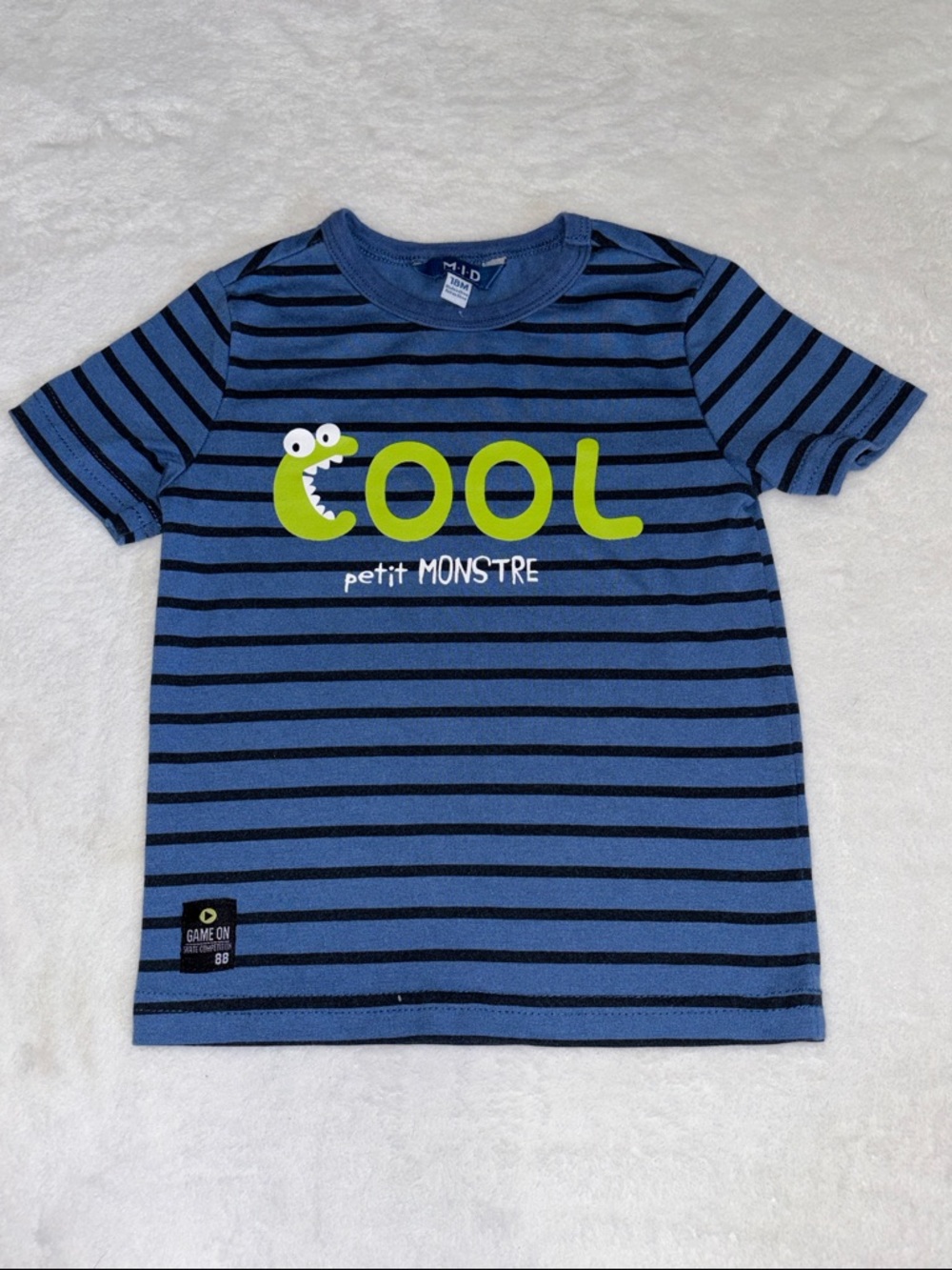 (3 for $10) MID Cool Petit Monstre Striped Tee - Blue